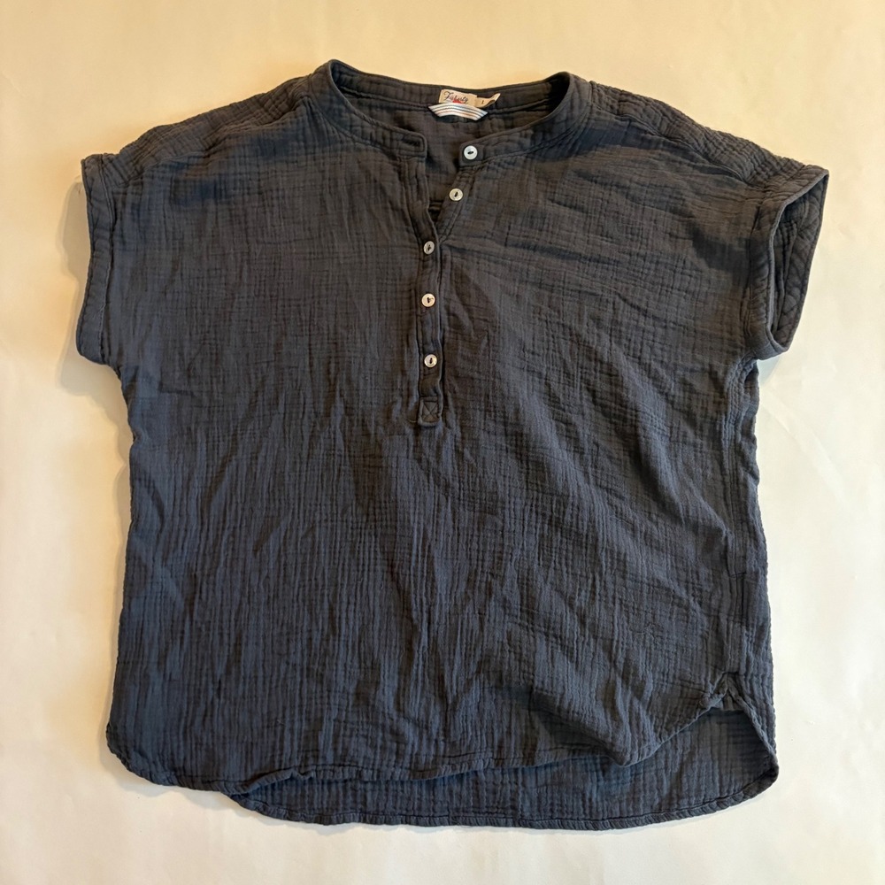 Faherty Willa Top Organic Cotton Double Gauze Henley Shirt Washed Black Large